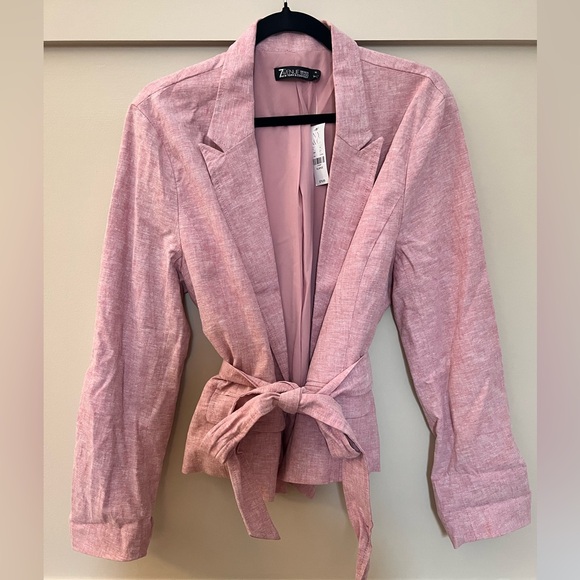 New York & Company Jackets & Blazers - New York & Co Pink Linen Blend Tie Waist Blazer